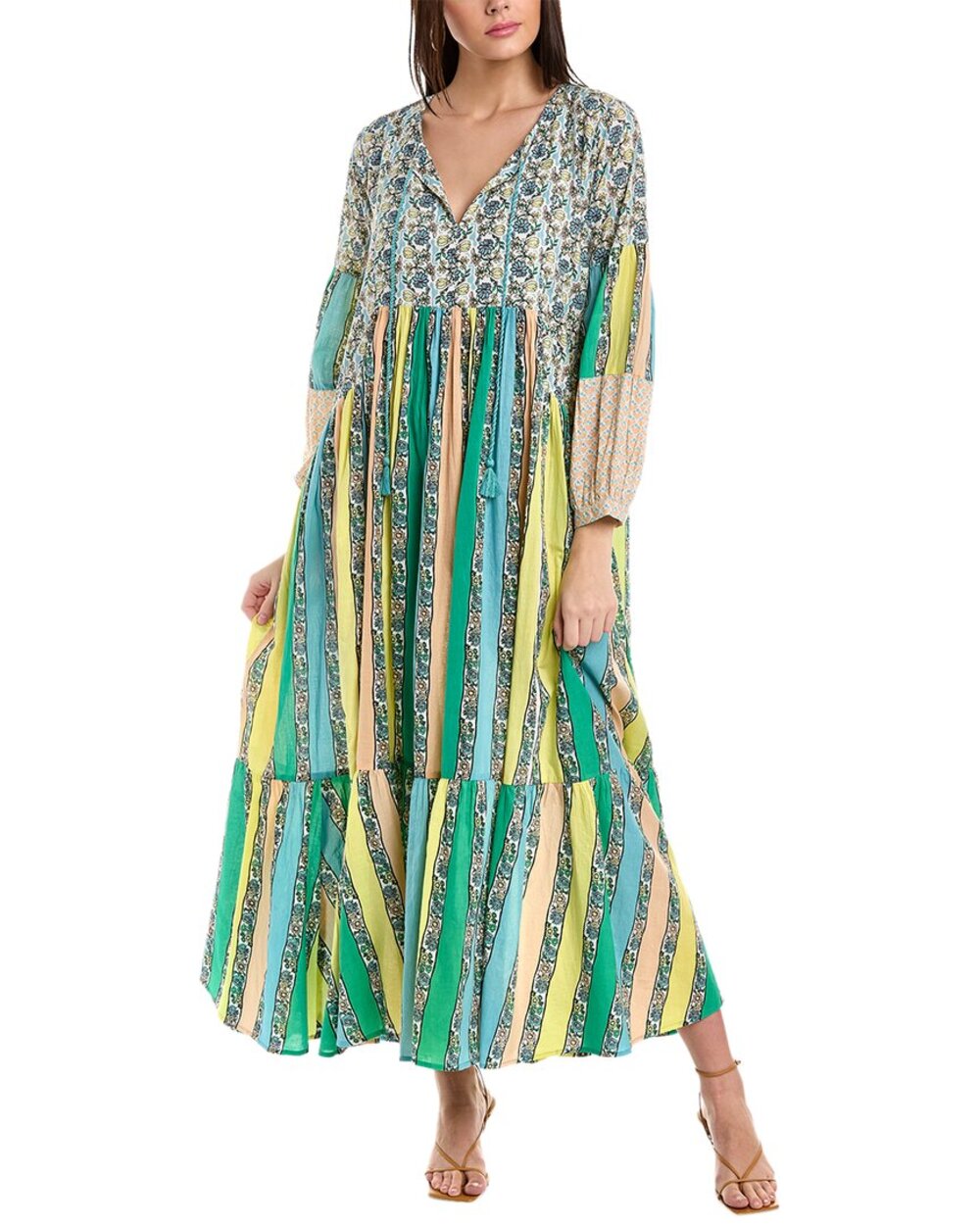 Ro's Garden Igor Dress Floral Stripes Green Teal Long Sleeves Maxi